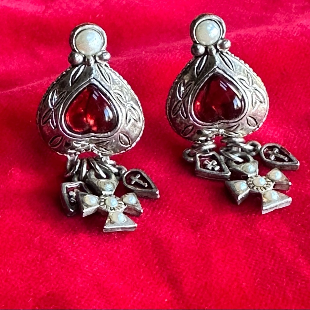 Heart Cabochon Maltese cross Pearl drop earrings clip back vintage desig…
